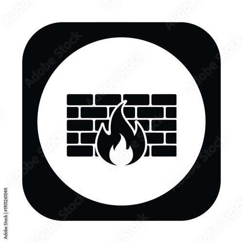 Black and white icon of a flame in front of a brick wall on a with a black border