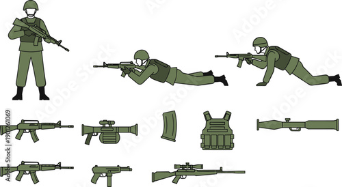 Military soldier combat poses illustration set, army weapons equipment, tactical gear, rifle collection, flat vector design