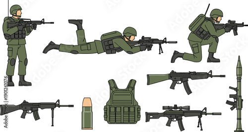 Military soldier illustration set, modern infantry equipment, army combat poses, weapons gear icons, flat vector design