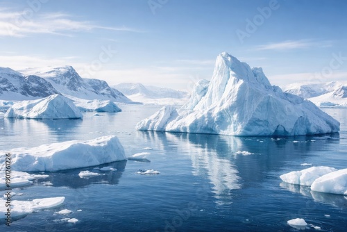 Wallpaper Mural Serene Arctic seascape with large icebergs floating in calm blue water, snowy mountains in the background, clear sky, cold polar environment, natural ice formations, and pristine wilderness atmosphere Torontodigital.ca