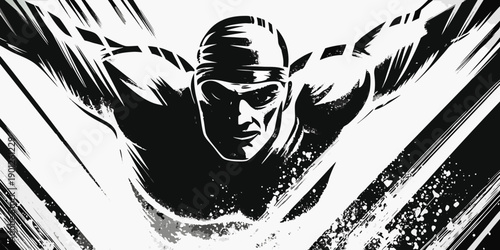 Dramatic black and white illustration of a superhero in a dynamic pose