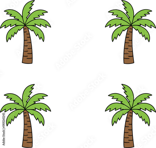 Palm tree cartoon illustration set, tropical nature plants, summer island trees, simple flat vector design