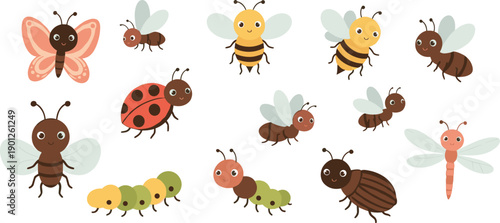 Cute Insect Cartoon Vector Set with Bee Butterfly Ladybug Ant and Caterpillar Characters