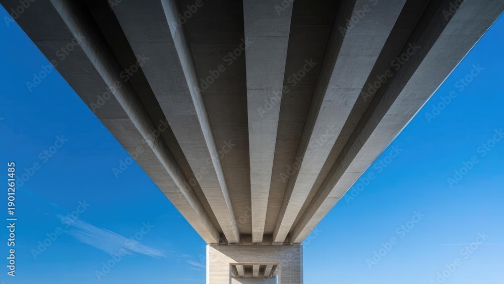 Naklejka premium Underneath a concrete highway bridge, parallel beams stretch toward a square pillar, set against a bright blue sky. Concept Industrial Architecture, Underpass Geometry, Parallel Beams, Square Pillar