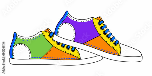A colorful illustration depicting a pair of patterned canvas sneakers