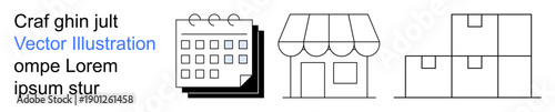 Supply chain, logistics, retail planning, e-commerce, inventory management, delivery services. Minimalist icons of a calendar, storefront and boxes. Supply chain and logistics system concept