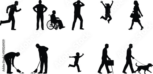 People activity silhouettes illustration set, men women children daily actions, walking running working poses, black flat vector collection