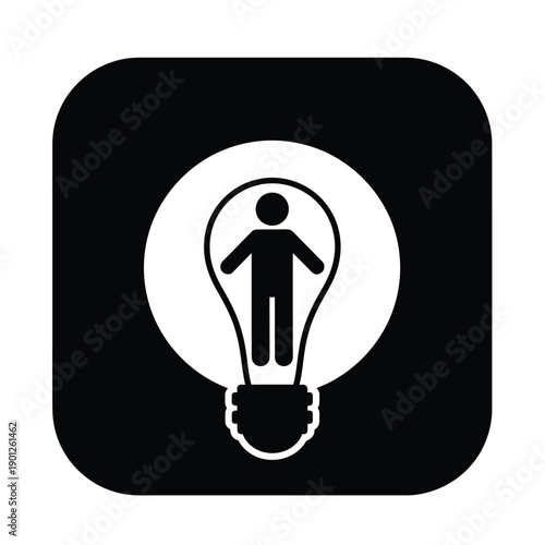 Black square icon with a white circle and a human figure inside a light bulb