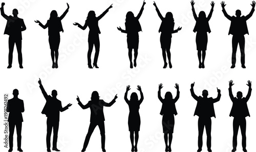 People cheering silhouettes illustration set, men women celebration poses, success happiness gestures, black flat vector collection