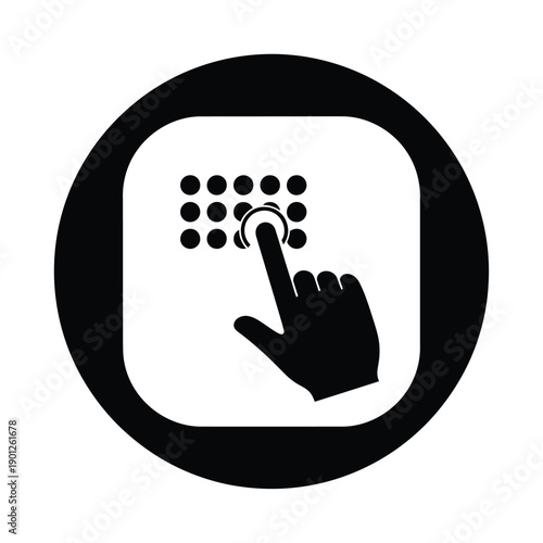 Black and white icon of a hand pressing a button with dots on a rounded square background