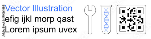 Digital tools, biotechnology, mechanics, coding, data labeling, education. QR code, wrench DNA icon placeholder text. Digital tools and biotechnology conceptual elements