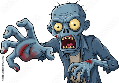 Scary cartoon zombie character illustration, creepy undead monster, horror Halloween design, comic style, detailed colorful vector artwork
