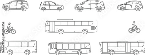 Transport vehicles outline illustration set, cars buses bicycles, urban traffic elements, public transport collection, clean line vector design