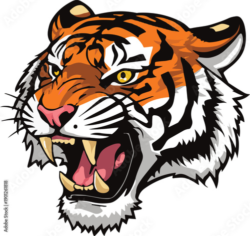Tiger head mascot team logo featuring angry tiger roar vector art
