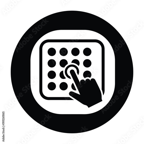 Black and white icon of a hand pressing a button on a keypad