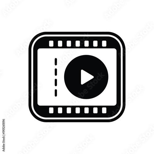 Black and white play button icon on a film strip frame