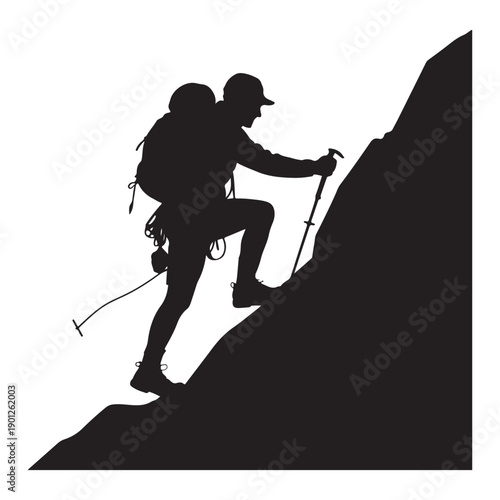 Silhouette of climber scaling mountain with backpack and poles vector illustration