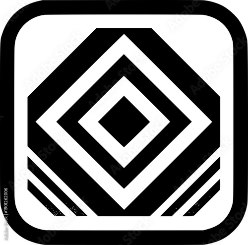 Geometric Symbol: A minimalist geometric symbol, featuring a symmetrical arrangement of nested diamond shapes, enclosed within a square frame. Its modern design exudes a sense of precision, balance.