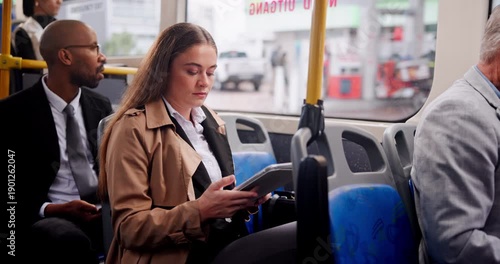 Business, woman and tablet on bus for communication with internet scroll, social media and morning commute in city. Person, professional and tech for travel with search, online research and typing