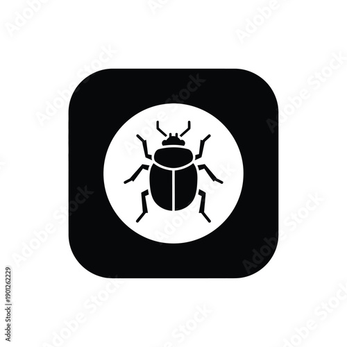 A black and white icon of a beetle on a white circle with a black border