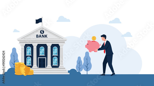 Businessman carrying giant pink piggy bank toward classical bank building represents personal savings and deposits.