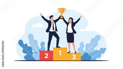 Business team standing on first place winners podium holding golden trophy celebrates corporate success and team effort.