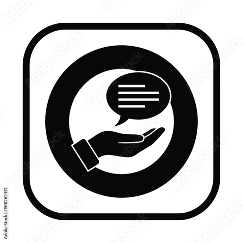 Black and white icon of a hand with a speech bubble on a, representing communication and dialogue in a simple graphic design