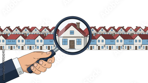 Magnifying glass held by hand over specific house in a row symbolizes detailed property search and market evaluation.