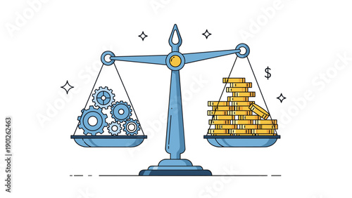 Mechanical scale balancing silver gears and gold coins illustrates the equilibrium between industry and financial profit.