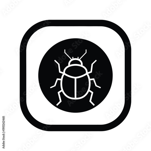 Black and white icon of a beetle in a rounded square frame