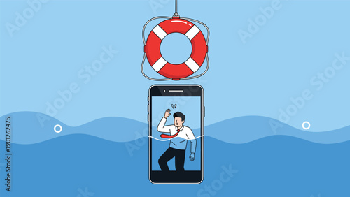 Businessman trapped inside smartphone sinking in water while lifebuoy hangs above symbolizes digital addiction problems.