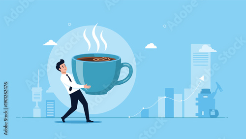 Businessman carrying enormous steaming cup of coffee through urban landscape depicts the need for morning energy boost.