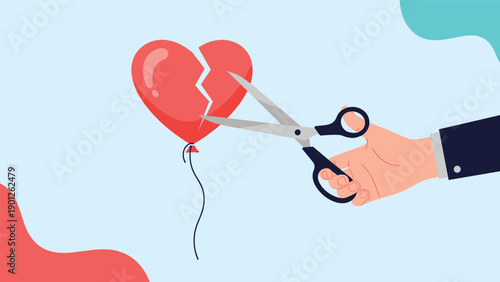 Hand using sharp scissors to cut string of red heart shaped balloon represents the ending of a romantic relationship.