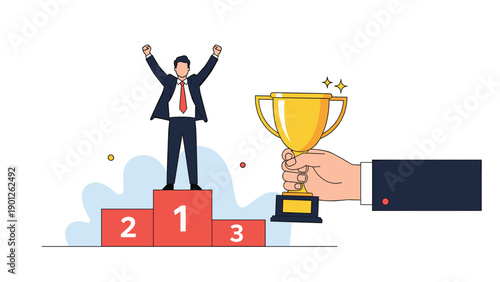 Successful businessman on podium celebrating victory while large hand presents him with golden trophy for top achievement.