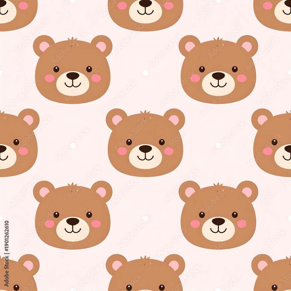 Obraz premium Cute pattern of brown bear heads with rosy cheeks on a pale pink background with tiny white dots