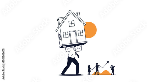 Businessman carrying house as family walks towards growth arrow symbolizing financial burden and home ownership responsibility for the future.
