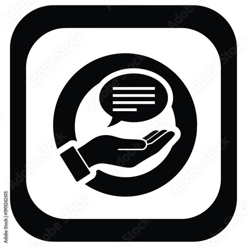 Black and white icon of a hand with a speech bubble on a, symbolizing communication and support in a simple design