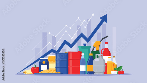 Household goods and energy supplies stacked with rising growth arrow representing global inflation and increasing cost of living for families.