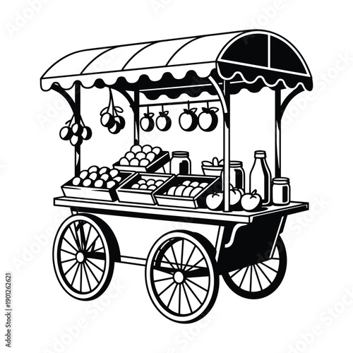 Vintage fruit and vegetable cart with awning displaying fresh produce and bottled drinks