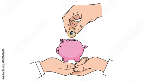Hand placing coin into piggy bank held by two hands to represent cooperative savings, joint financial planning, and shared family budget.