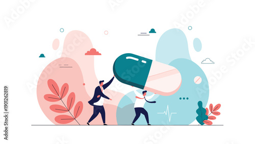 Group of tiny business people working together to carry a massive medical pill capsule against a colorful abstract background.