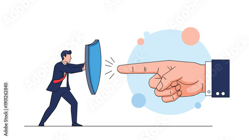 Determined businessman using a blue protective shield to defend himself against a giant corporate finger pointing and blaming him.