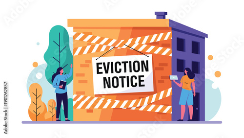 Sad people standing outside a residential building marked with yellow caution tape and a large eviction notice sign on the wall.