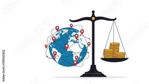 Vintage balance scale comparing a global world map with location pins against a stack of golden coins representing international economy.