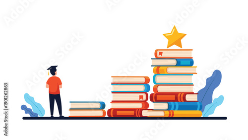 Young graduate student in a cap looking at growing stacks of colorful books forming a bar chart with a golden star on the highest pile.