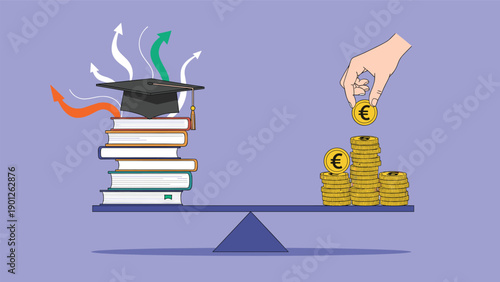 Balance scale comparing a stack of books with a graduation cap on top against stacks of gold euro coins for educational investment.