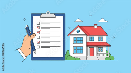 Hand holding a checklist on a clipboard with several items checked off in front of a modern two story house with a red roof.