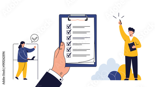 Close up of a business hand holding a checklist with green check marks while employees work on projects in the background.