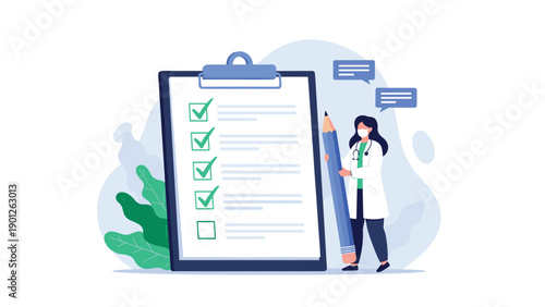 Medical professional doctor holding a massive blue pencil while standing next to a large health check-up checklist board.