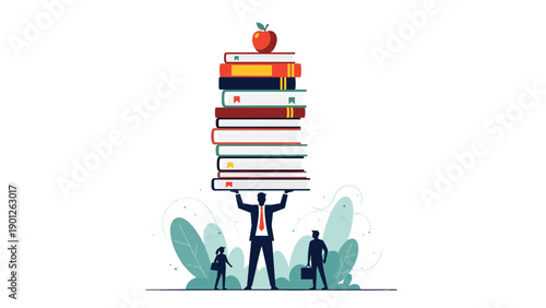Strong businessman holding an incredibly high stack of heavy books with a red apple on the very top for education.